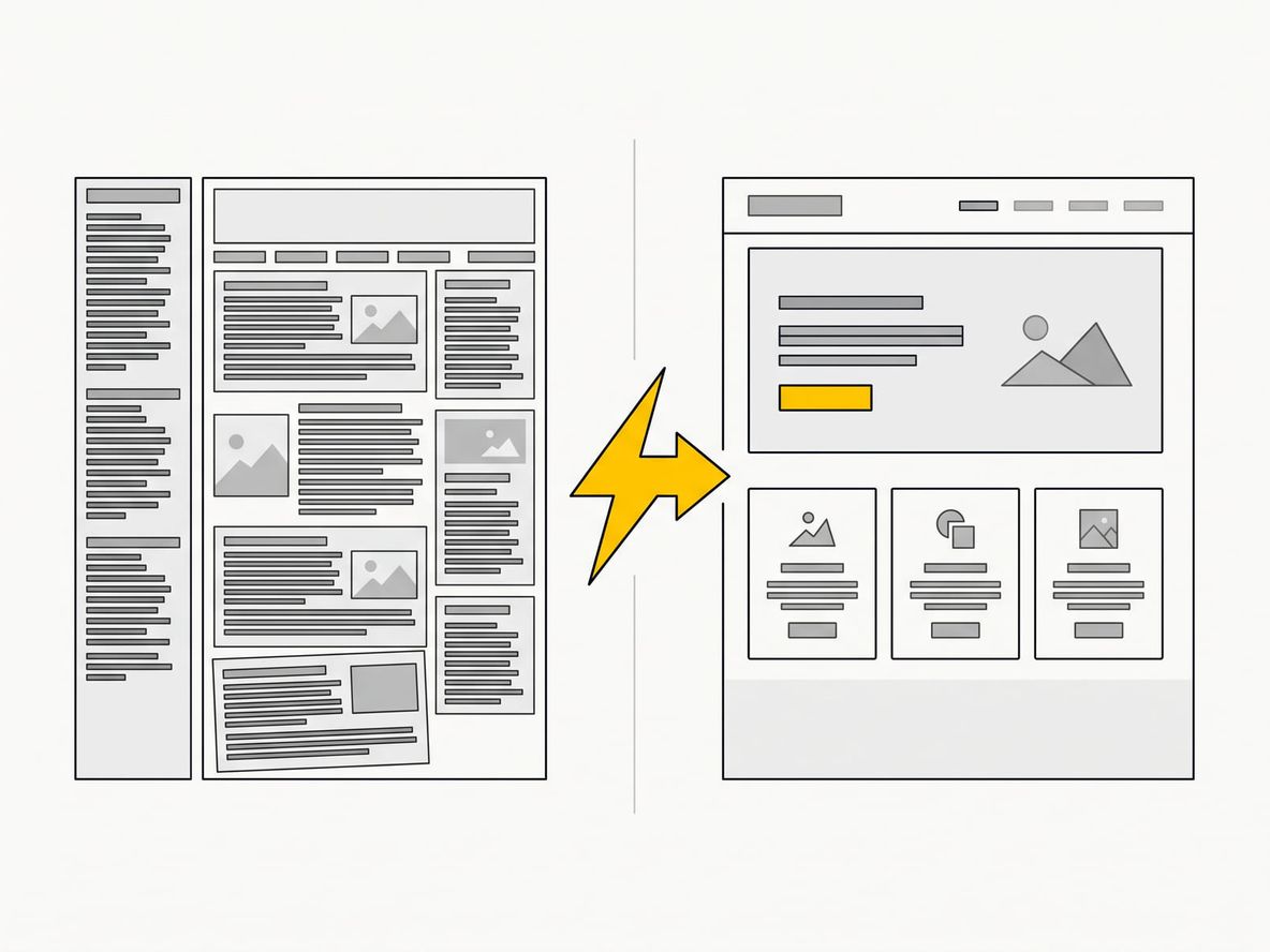 Before-and-after illustration: a cluttered, dated website layout on the left, a clean modern rebuild on the right, with a yellow lightning bolt pointing between them.