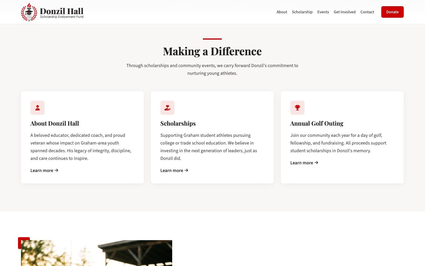Donzil Hall Scholarship 'Making a Difference' section — cards for About Donzil Hall, Scholarships, and the Annual Golf Outing.