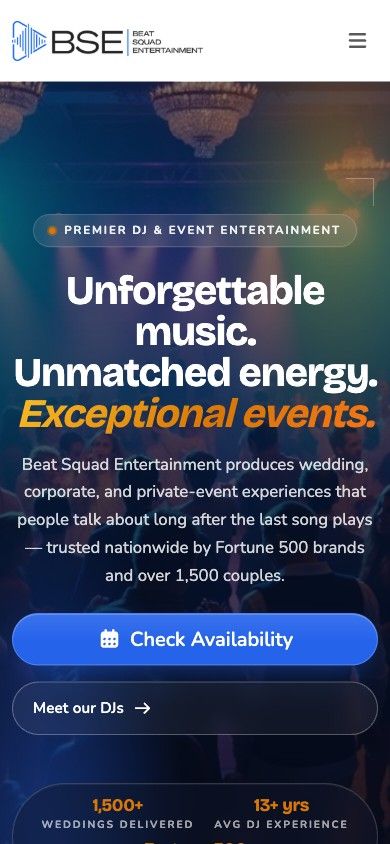 Beat Squad homepage on mobile — the hero scaled to a single column with stacked headline and call-to-action buttons.