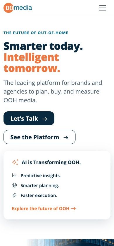 DOmedia homepage on mobile — the hero stacked into one column with the AI capability card below the primary calls to action.