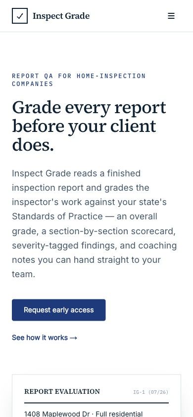 Inspect Grade homepage on mobile — the hero stacked into one column above the sample report evaluation card.