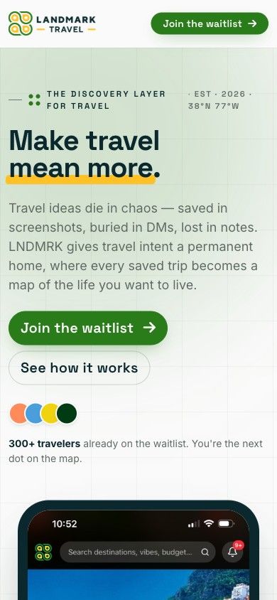 Landmark Travel homepage on mobile — the hero stacked into a single column with the waitlist call-to-action above the app preview.