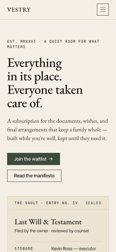 Vestry homepage on mobile — the serif hero stacked into one column above the sample vault entry.
